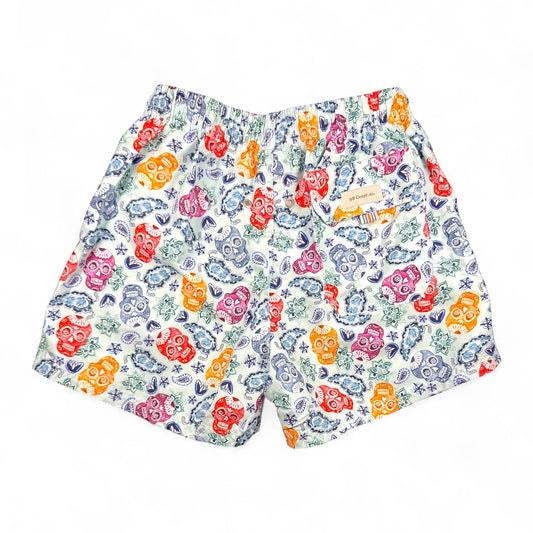 98 Coast Av. Men's swim shorts featuring vibrant multicolor sugar skull print on a light background with a drawstring, back pocket detail, back view