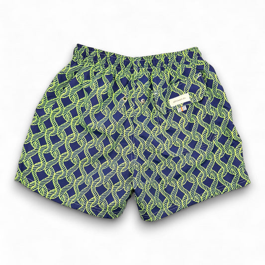 Giles Styles men's navy blue swim shorts with a lime green nautical rope print, elastic waistband, back view, pocket detail