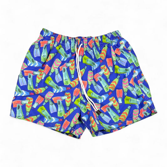 98 Coast Av. blue swim trunks featuring a vibrant all-over print of colorful swim fins and an elastic drawstring waist