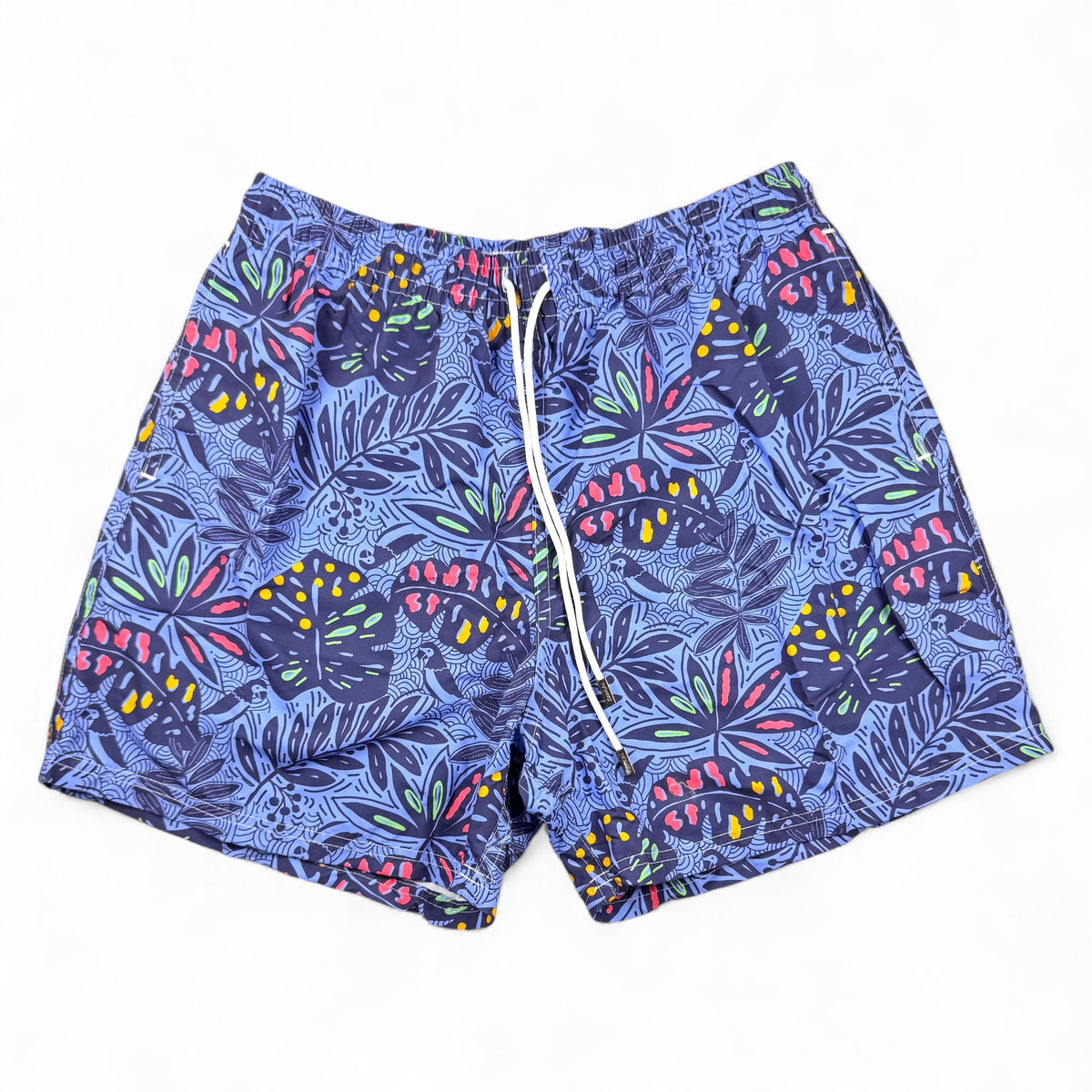 98 Coast Ave men's swim shorts in deep blue with a multicolored tropical leaf print and white drawstring waist, front view