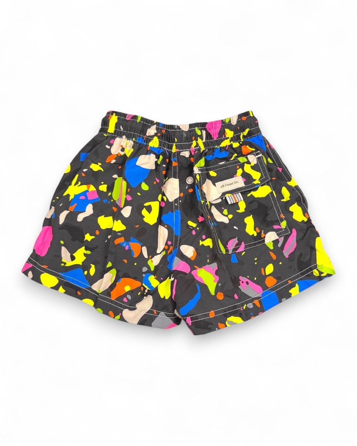 98 Coast AV.  men's black swim shorts with vibrant multicolor paint splatter print, elastic waistband and drawstring, back pocket detail, back view