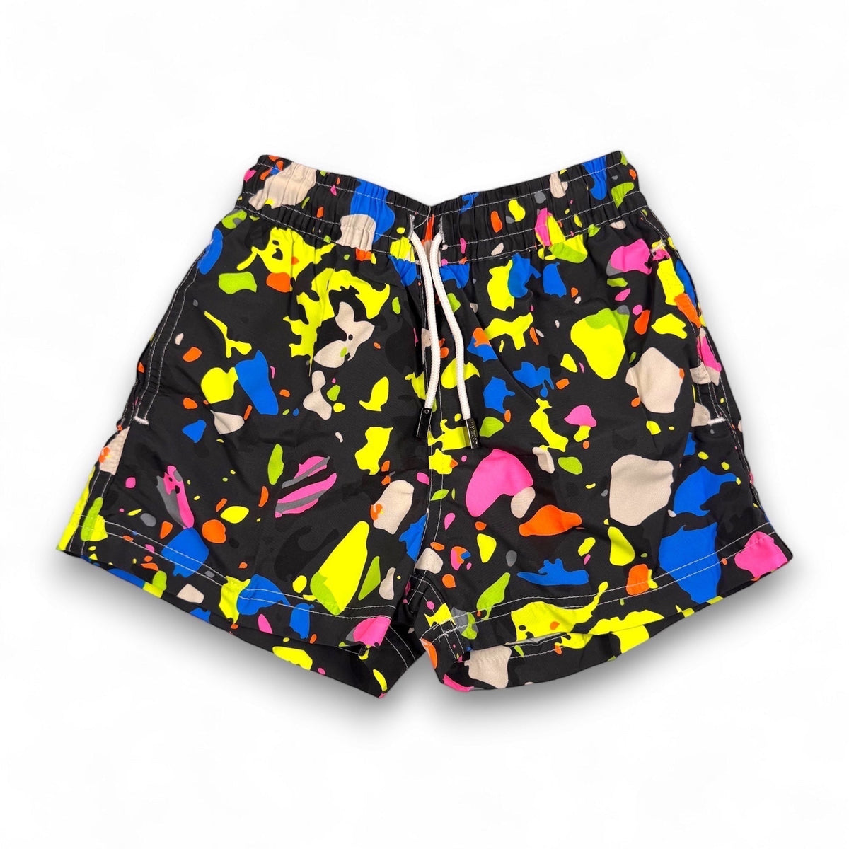 98 Coast Av. men's black swim shorts with vibrant multicolor paint splatter print, elastic waistband and drawstring, front view