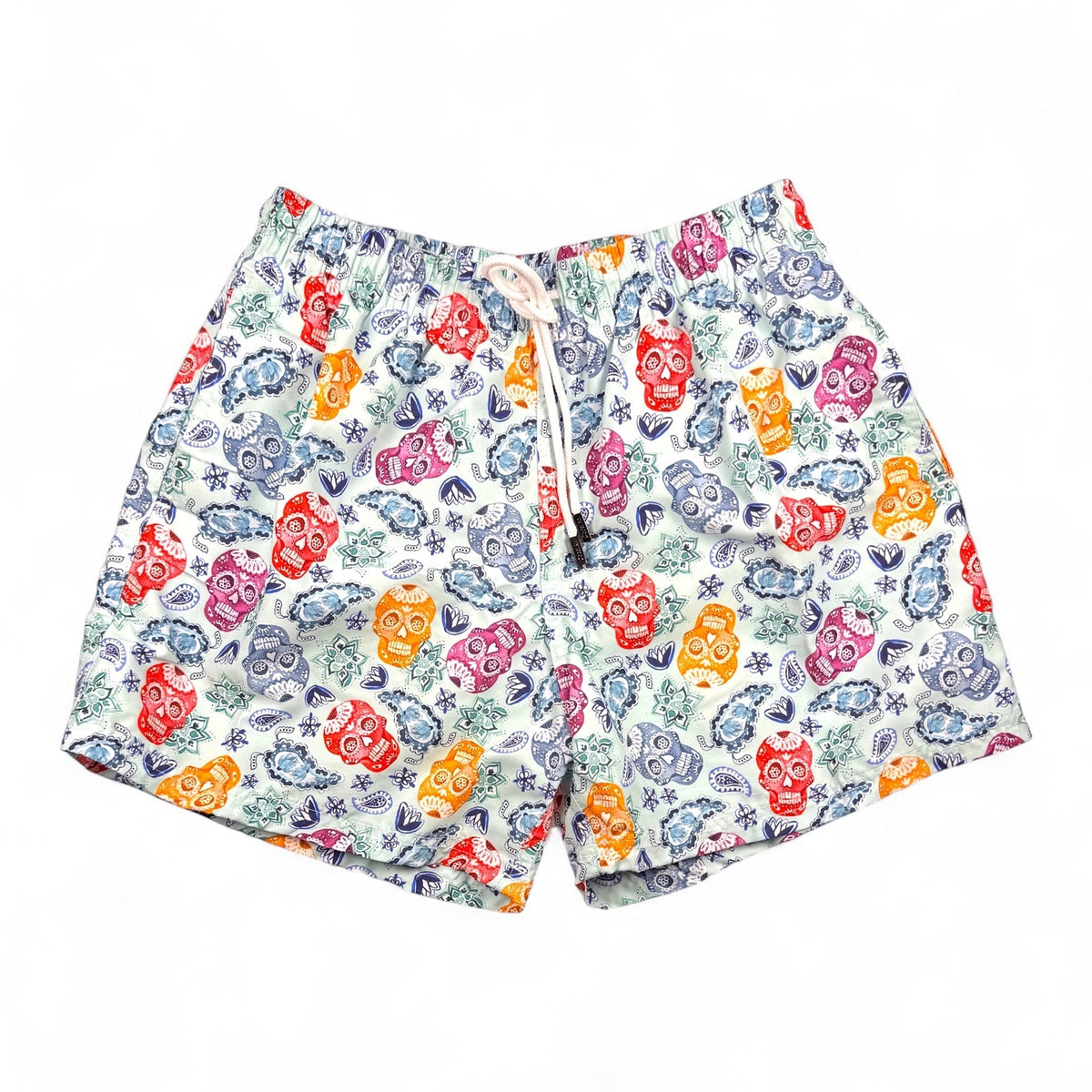 98 Coast Av. Men's swim shorts featuring vibrant multicolor sugar skull print on a light background with a drawstring, front view