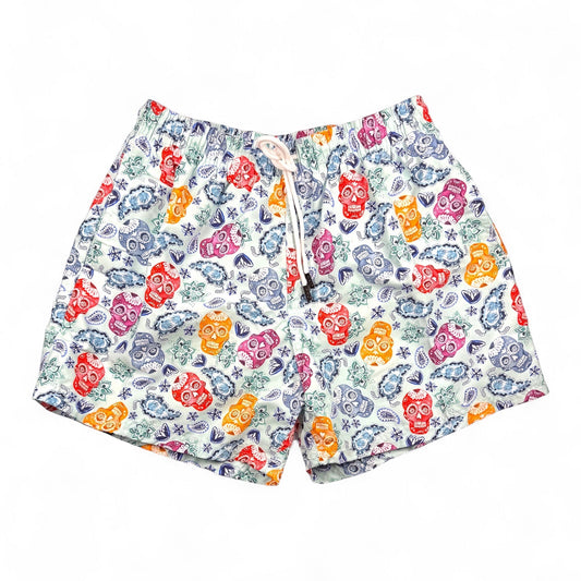 98 Coast Av. Men's swim shorts featuring vibrant multicolor sugar skull print on a light background with a drawstring, front view