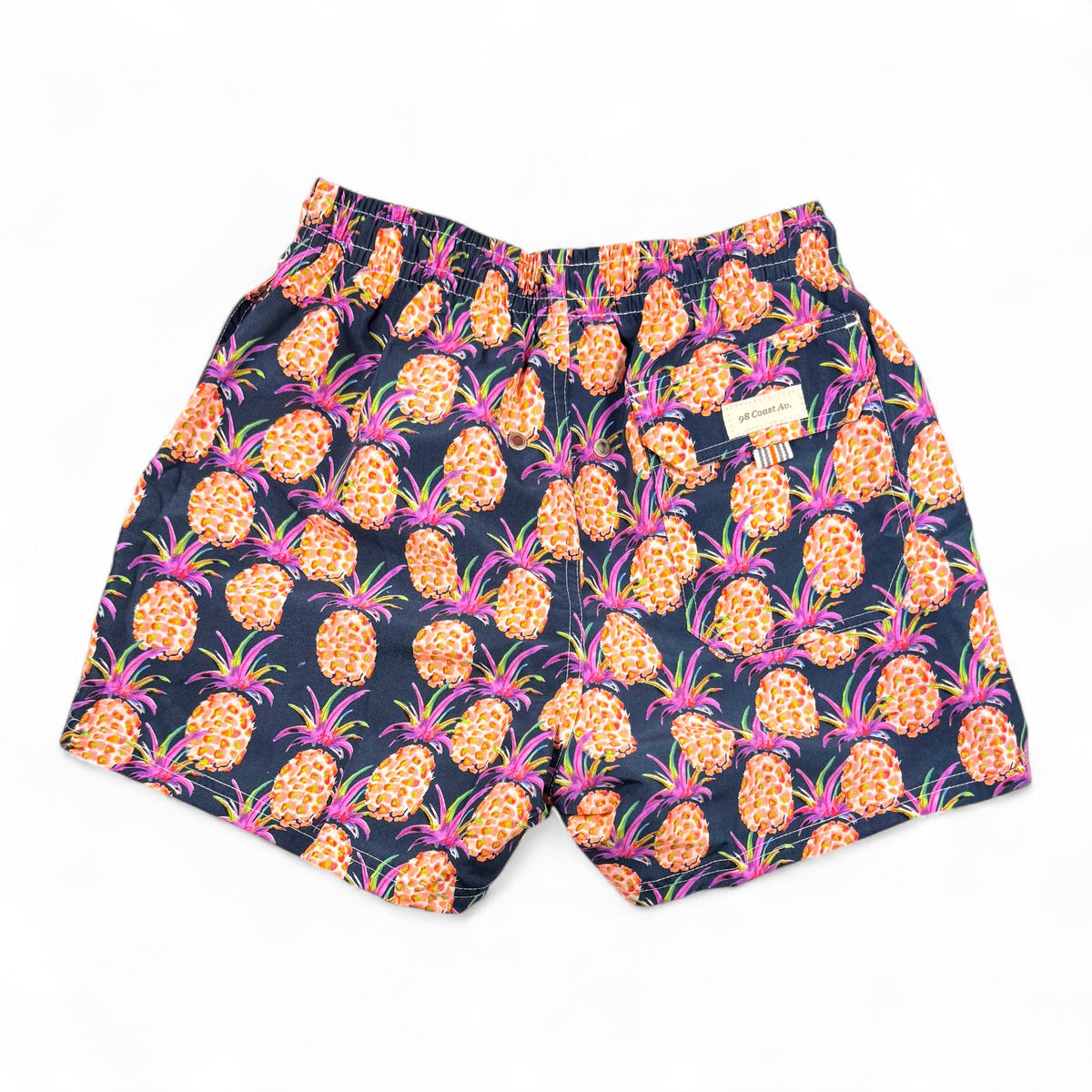 98 Coast Av. men's navy blue swim shorts with tropical pineapple print, elastic waistband and white drawstring, back view