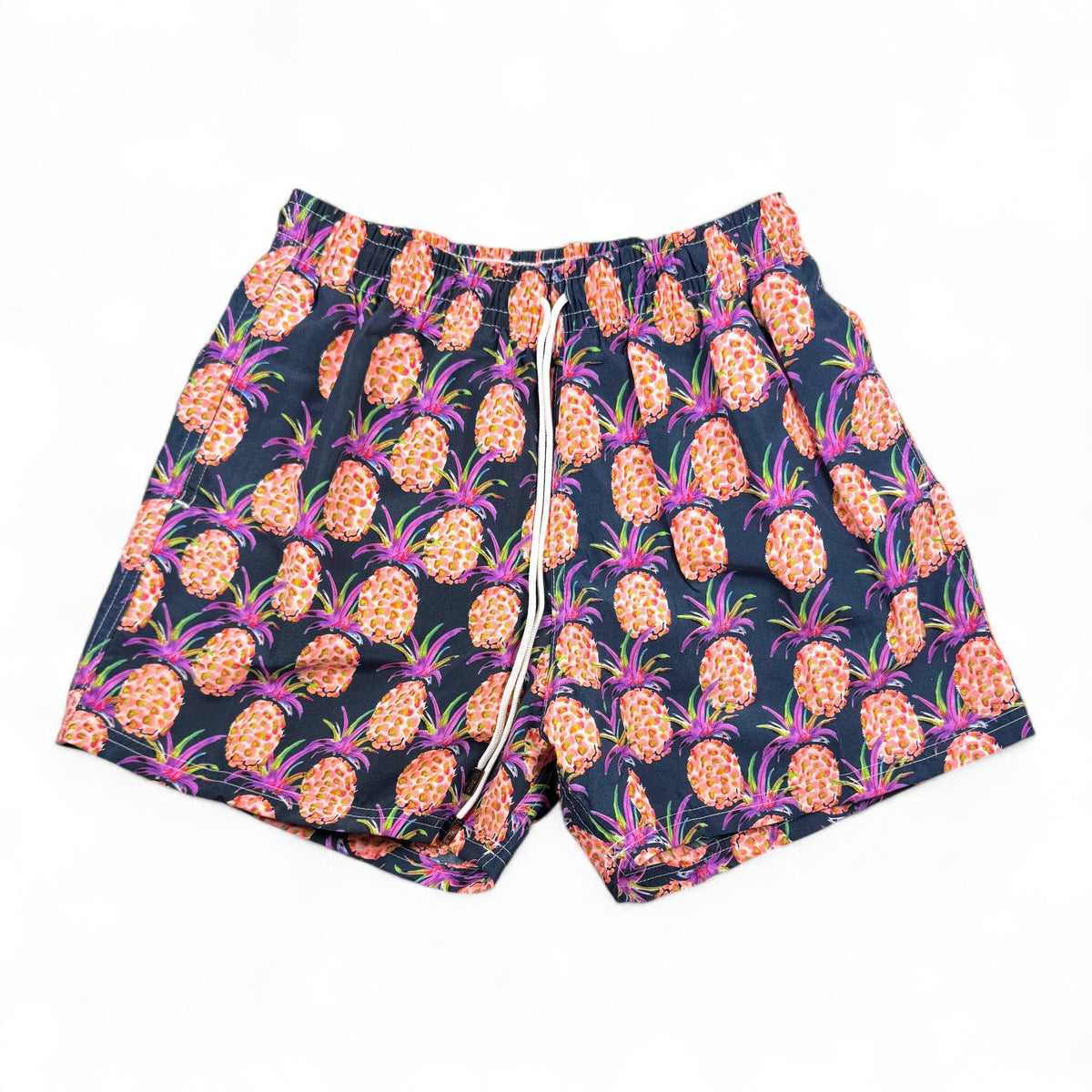 98 Coast Av. men's navy blue swim shorts with tropical pineapple print, elastic waistband and white drawstring, front view