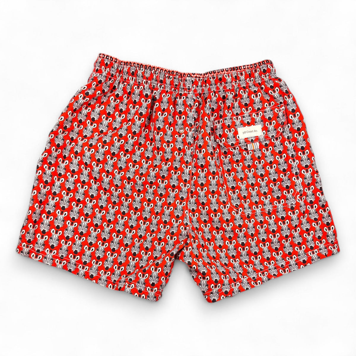 98 Coast Av. men's red zebra print swim shorts with elastic drawstring waistband, back view