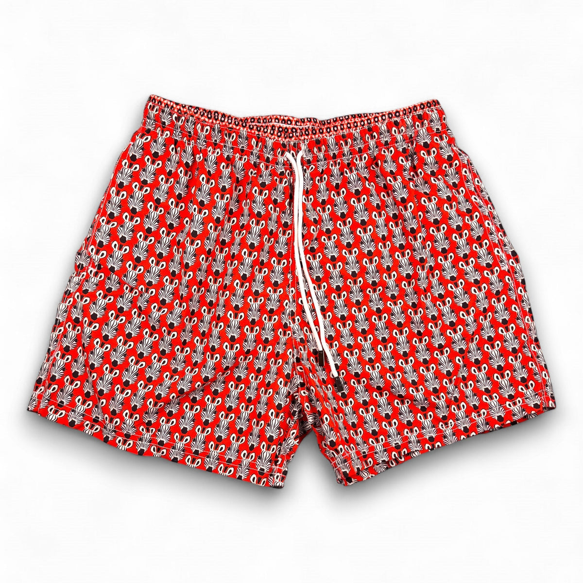 98 Coast Av. men's red zebra print swim shorts with elastic drawstring waistband, front view