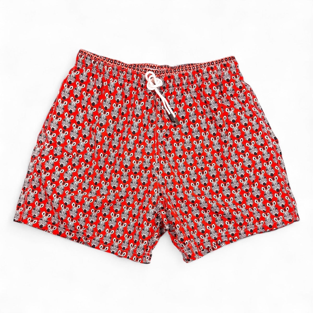 98 Coast Av. men's red zebra print swim shorts with elastic drawstring waistband, front view