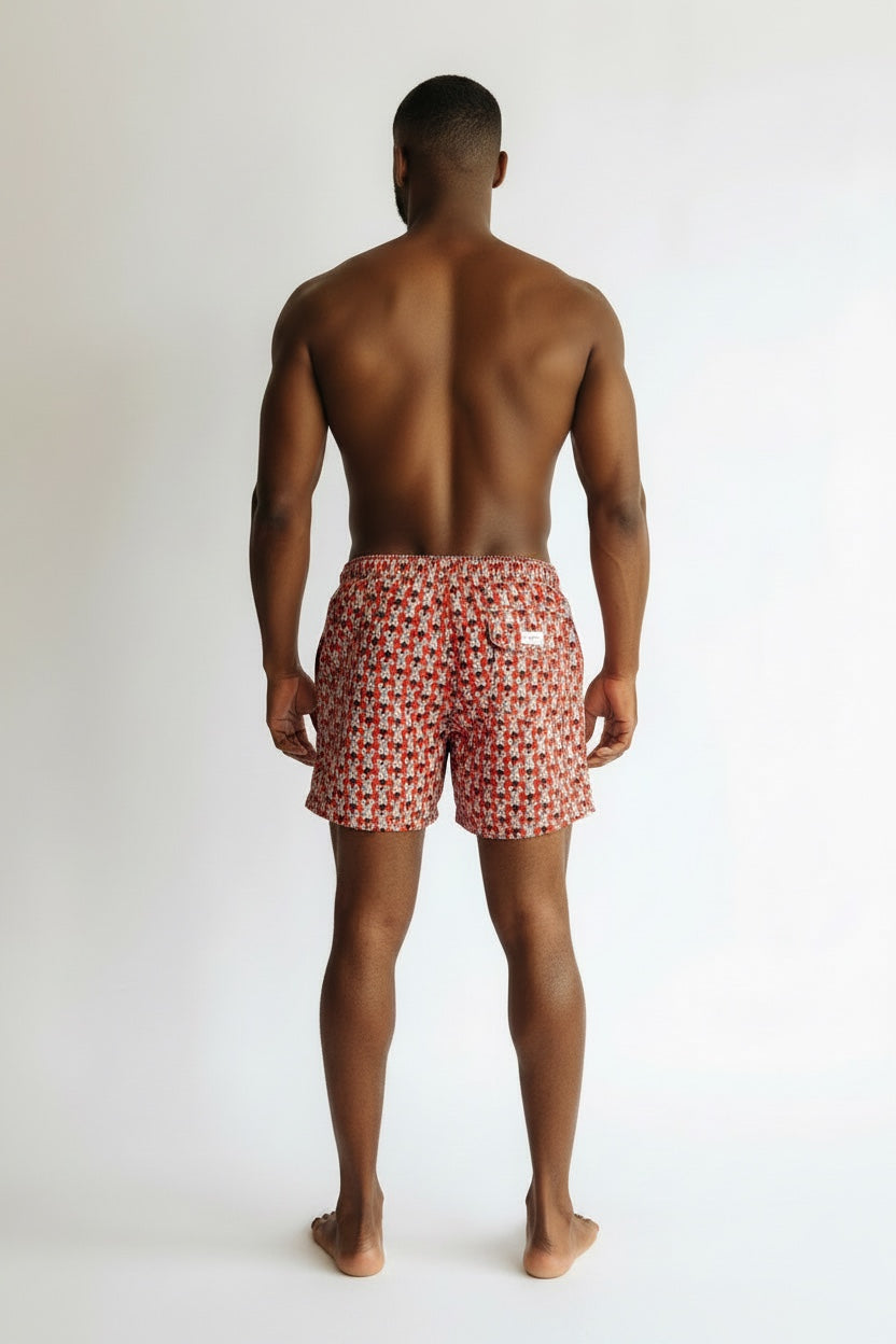 98 Coast Av. men's red zebra print swim shorts with elastic drawstring waistband, model, back view