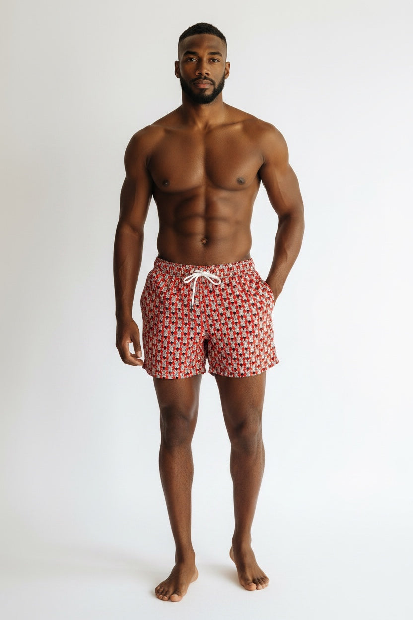 98 Coast Av. men's red zebra print swim shorts with elastic drawstring waistband, model, front view