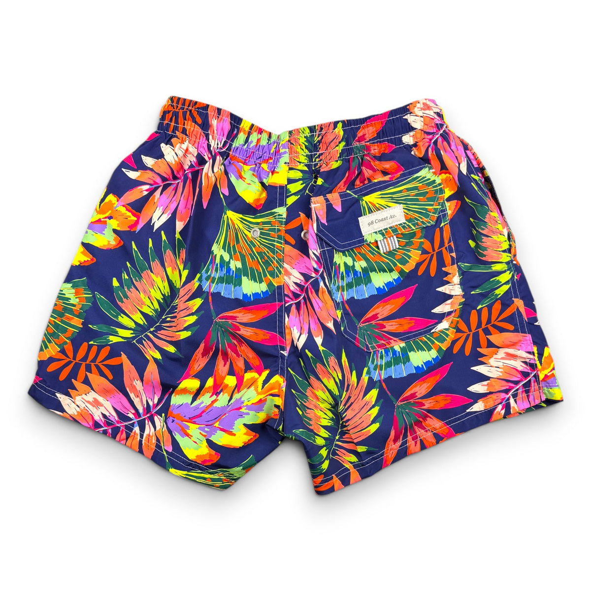 98 Coast Av. tropical leaf print swim shorts in navy with neon pink, yellow, and green botanical patterns.