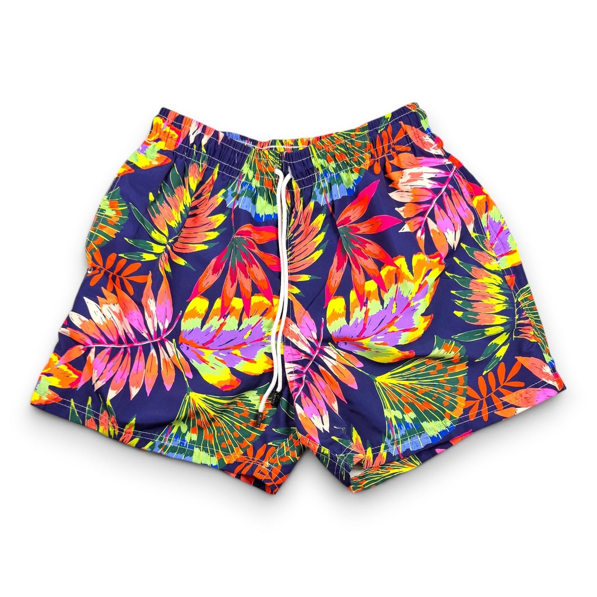 98 Coast Av. tropical leaf print swim shorts in navy with neon pink, yellow, and green botanical patterns.