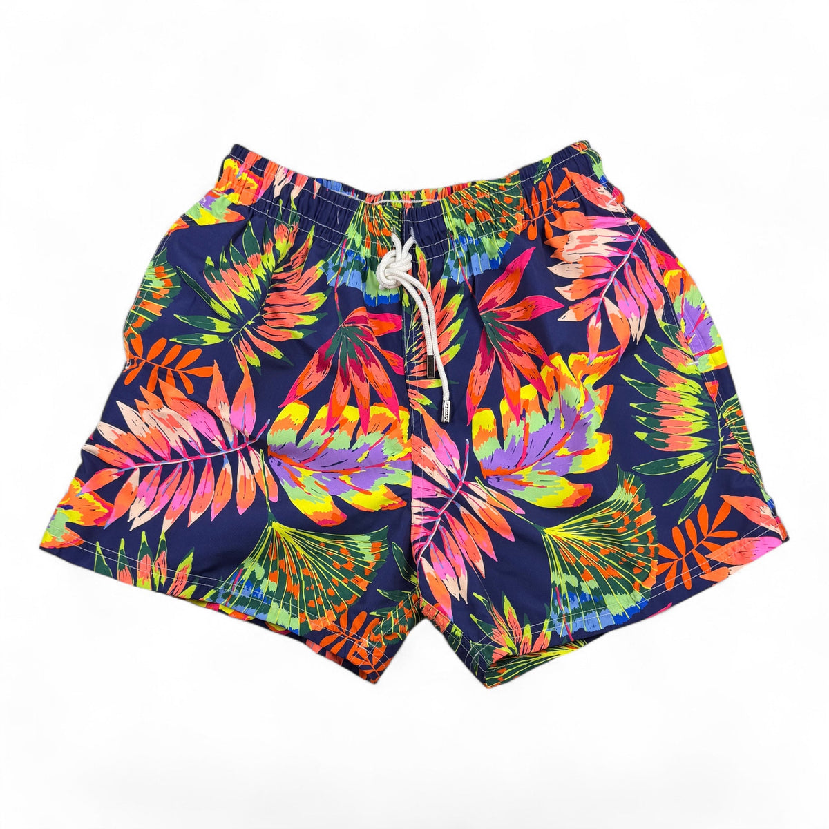 98 Coast Av. tropical leaf print swim shorts in navy with neon pink, yellow, and green botanical patterns.