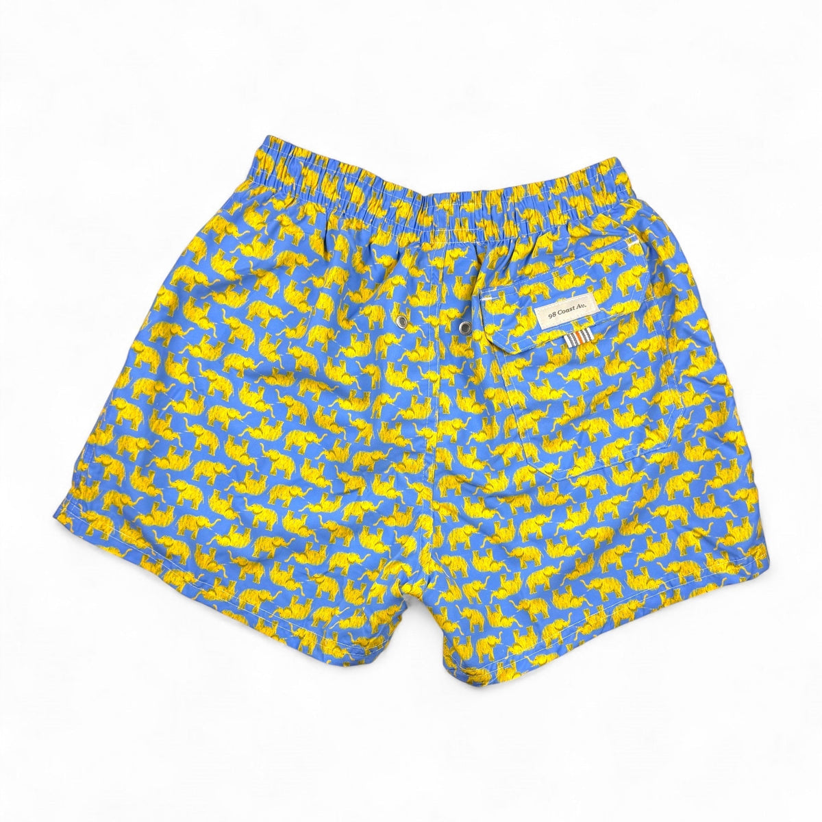 98 Coast blue swim shorts with a yellow elephant print, featuring an elastic waistband and white drawstring, back view