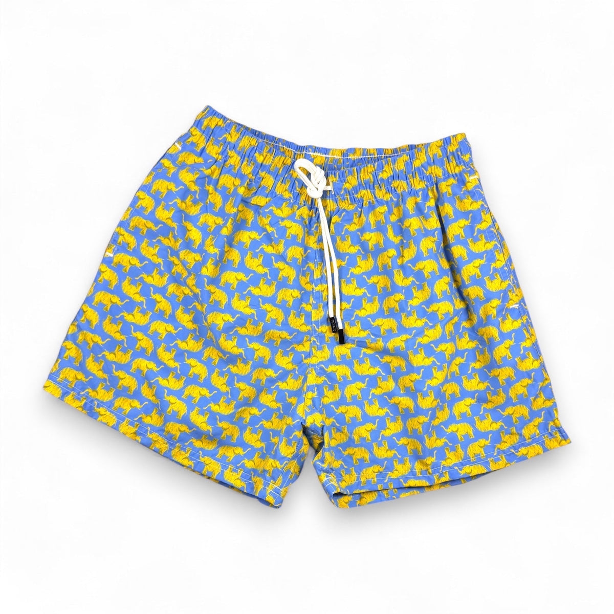 98 Coast men's blue swim shorts with yellow elephant print, elastic waistband and white drawstring, front view