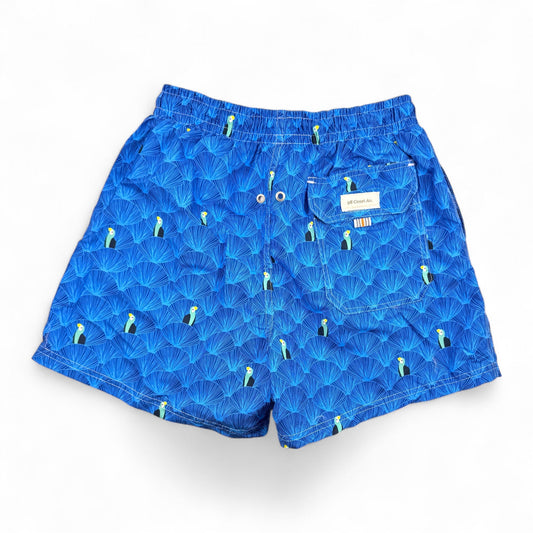 98 Coast men's blue swim shorts with tropical toucan and palm leaf print, elastic waistband and white drawstring, back view.