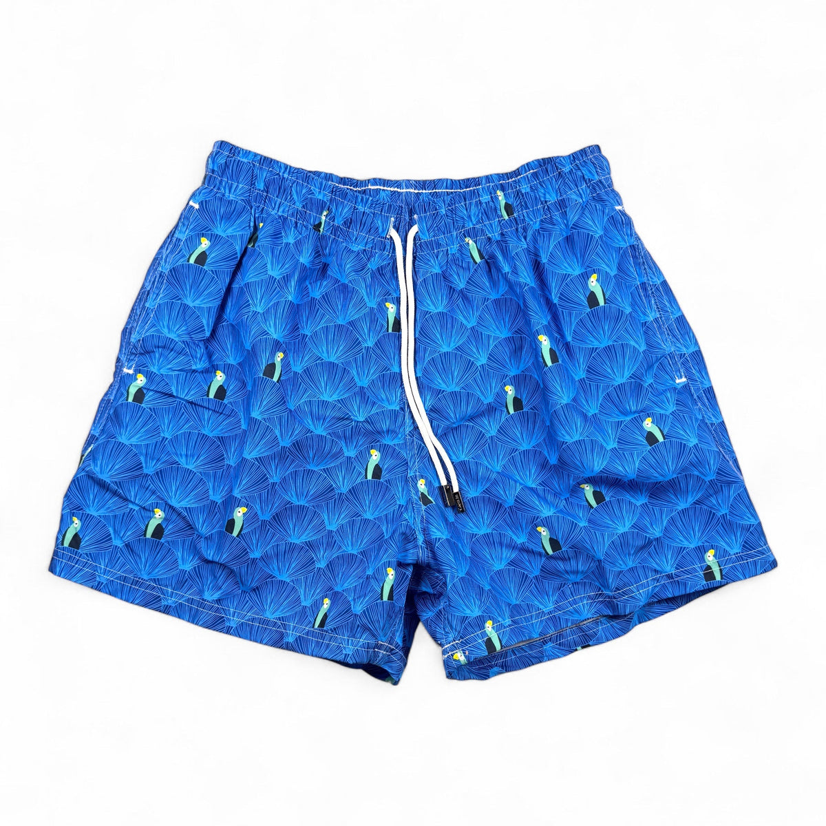 98 Coast men's blue swim shorts with tropical toucan and palm leaf print, elastic waistband and white drawstring, front view.