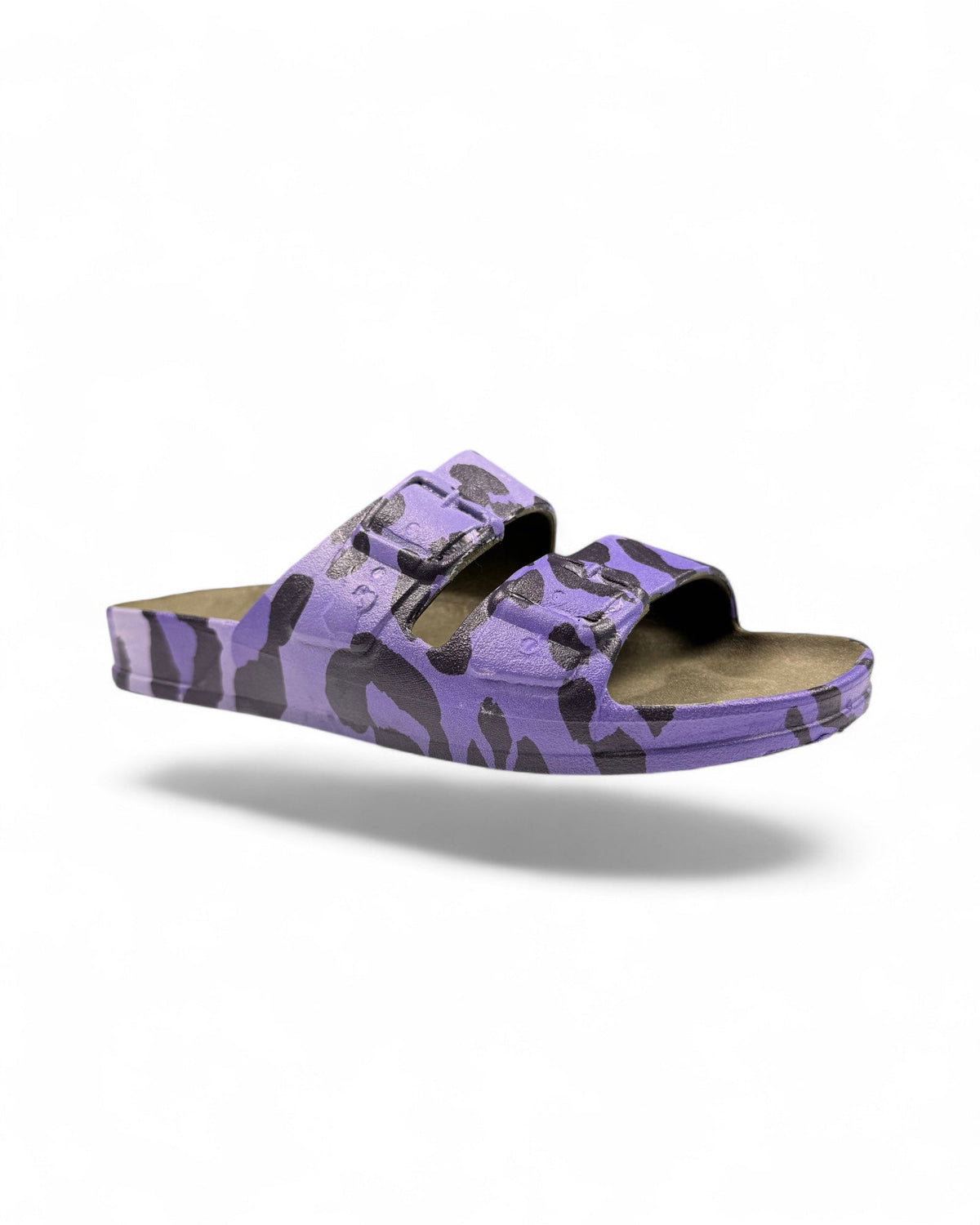 Cacatoes blue leopard-print double-strap slides in purple and black with a contoured olive green footbed, side view