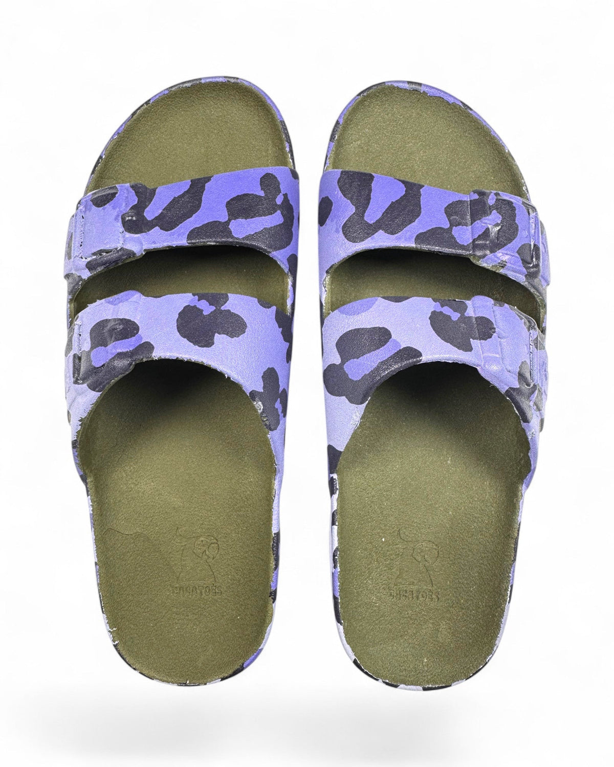 98 Coast Av. blue leopard-print double-strap slides in purple and black with a contoured olive green footbed.