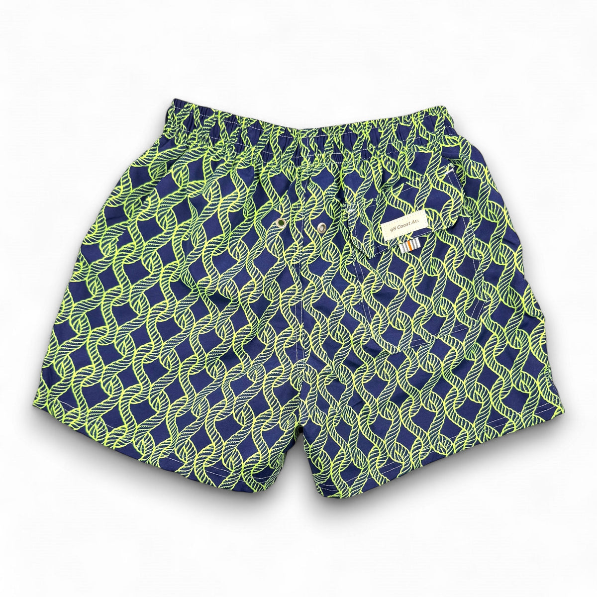 Giles Styles men's navy blue swim shorts with a lime green nautical rope print, elastic waistband, back view, pocket detail