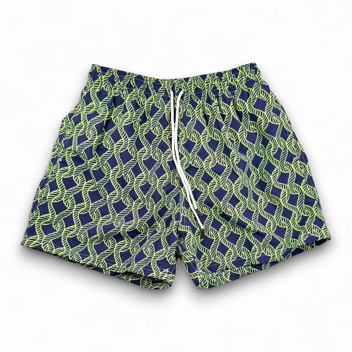 Giles Styles mens navy blue swim shorts with a lime green nautical rope print, elastic waistband, and white drawstring front view.